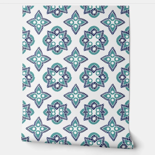  turquoise navy & white wallpaper (Unrolling)