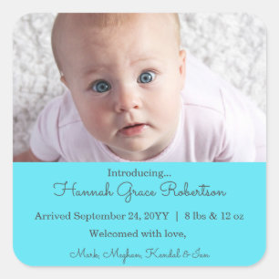 Turquoise Newborn Baby Photo Birth Announcement  Square Sticker