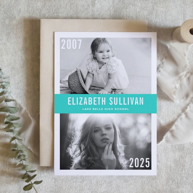 Turquoise Now and Then Photo Collage Graduation Invitation (Customizable 'Then and Now' Photo Graduation Invitation with blue background – Personalized Invite)