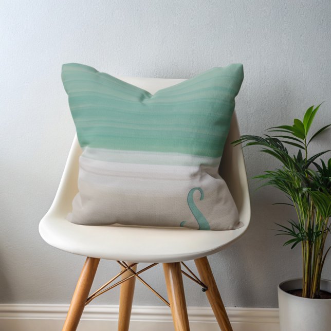 Turquoise Ocean Beach Monogram Throw Pillow (A modern watercolor ocean beach inspired throw pillow with space for your initial)