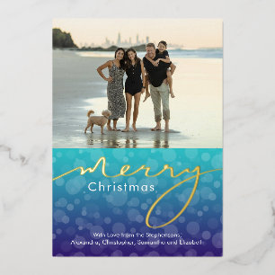 Turquoise Ocean Bubbles Merry Christmas Photo Foil Holiday Card