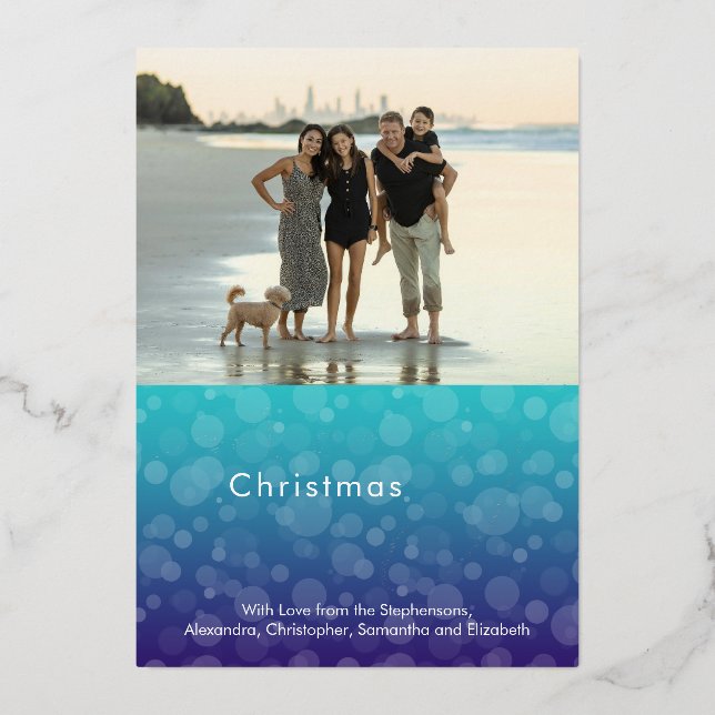 Turquoise Ocean Bubbles Merry Christmas Photo Foil Holiday Card (Front)