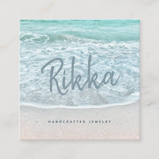 Turquoise Ocean Sandy Beach Handmade Jewellery Square Business Card (Front)