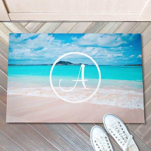 Turquoise ocean sandy beach photo custom monogram doormat (Creator Uploaded)