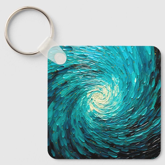 Turquoise Ocean Vortex Abstract Key Ring (Front)