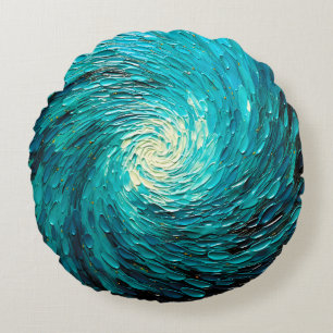 Turquoise Ocean Vortex Abstract Round Cushion