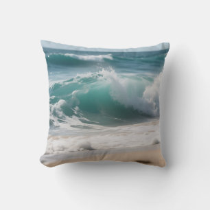 Turquoise Ocean Wave Crashing Shore Cushion