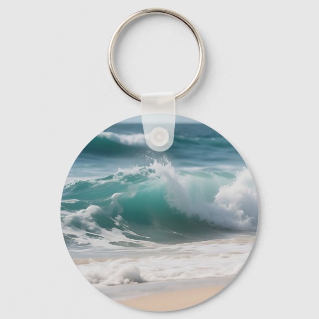 Turquoise Ocean Wave Crashing Shore Key Ring (Front)