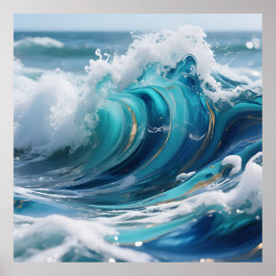 Turquoise Ocean Wave Golden Swirl Poster