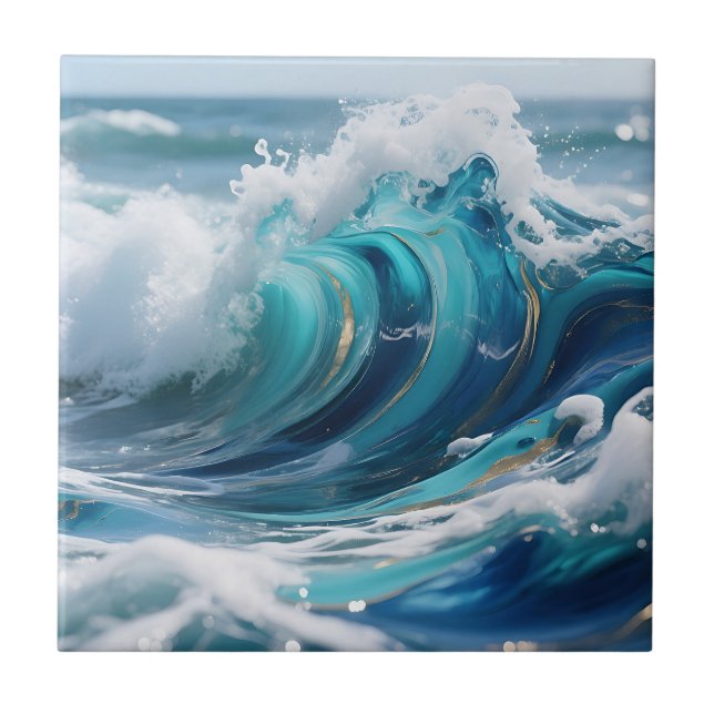 Turquoise Ocean Wave Golden Swirl Tile (Front)