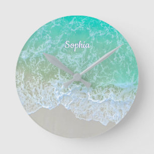 Turquoise Ocean Wave, Personalise Name or Monogram Round Clock
