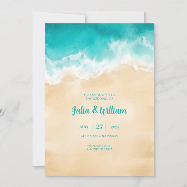 Turquoise Ocean Wave Sand Beach Wedding Invitation (Front)