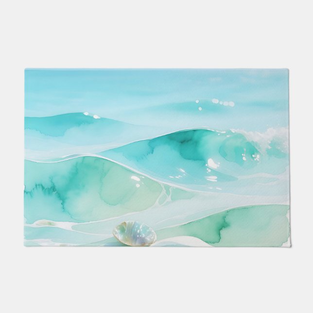 Turquoise Ocean Wave Seashell Doormat (Front)