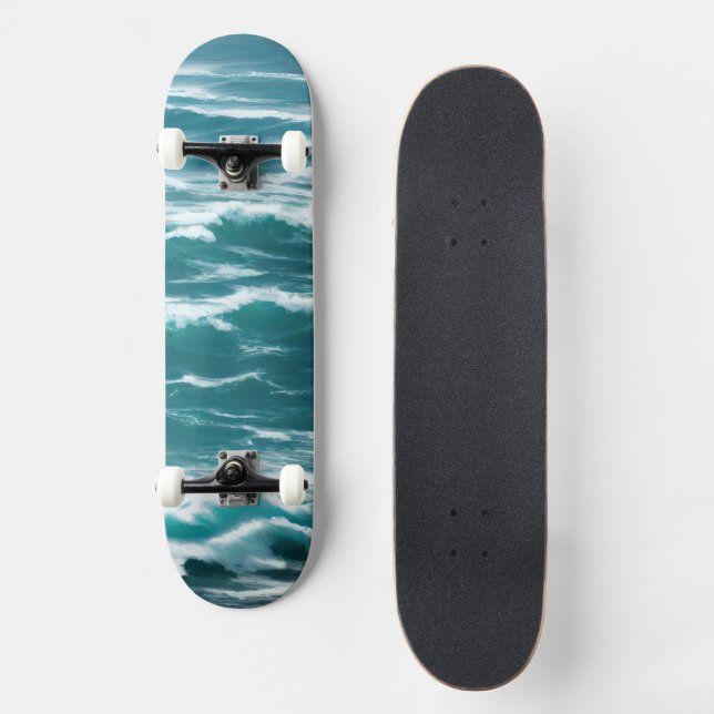 Turquoise Ocean Waves Choppy Surf Skateboard (Front)