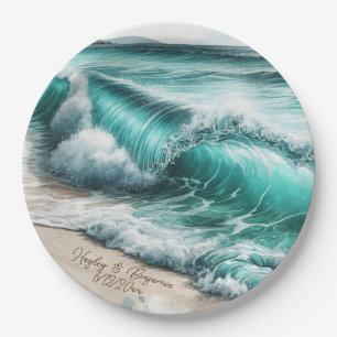 Turquoise Ocean Waves Personalised Wedding Paper Plate