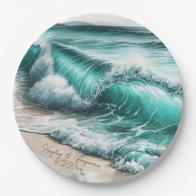 Turquoise Ocean Waves Personalised Wedding Paper Plate (Front)