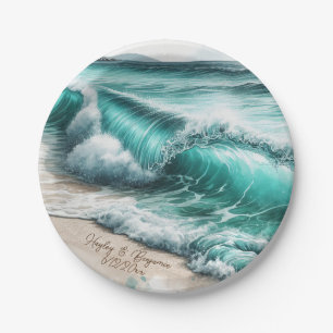 Turquoise Ocean Waves Personalised Wedding Paper Plate
