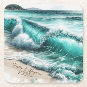 Turquoise Ocean Waves Personalised Wedding Square Paper Coaster