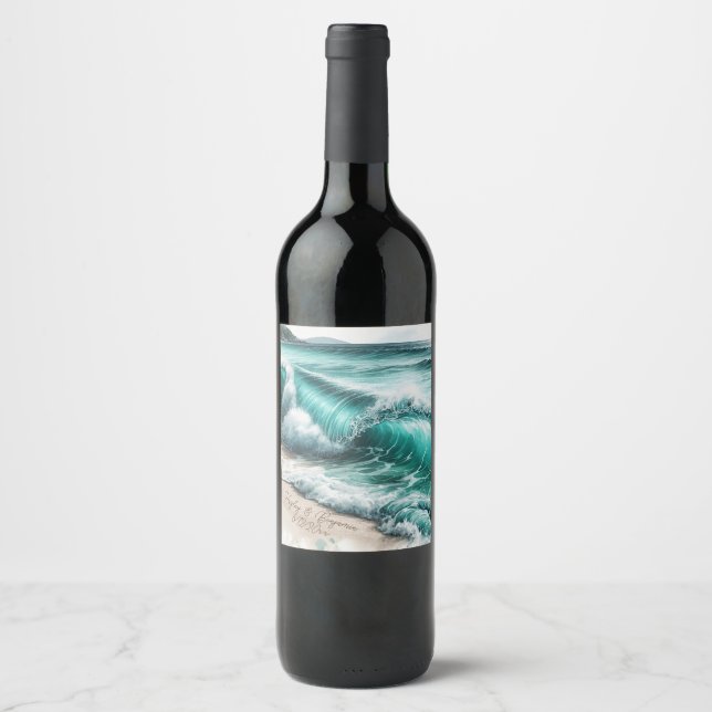 Turquoise Ocean Waves Personalised Wedding Wine Label (Front)