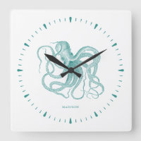 Turquoise octopus and numerals on white monogram