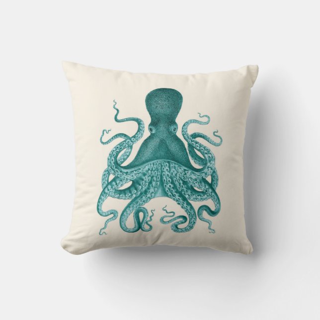 Turquoise Octopus Illustration on Cream Cushion (Front)