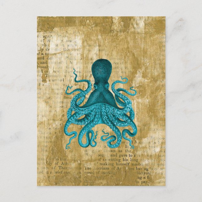 Turquoise Octopus on Golden Grunge Postcard (Front)