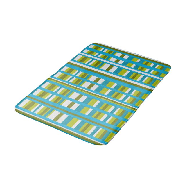 Turquoise, Olive & Lime Green Plaid Bath Mat (Angled)