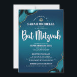 Turquoise Ombre Bat Mitzvah Agate Script 2 Venue Invitation<br><div class="desc">Be proud, rejoice and showcase this milestone of your favourite Bat Mitzvah! Send out this cool, unique, modern, personalised invitation for an event to remember. White script typography and a faux gold Star of David overlay a deep turquoise teal blue ombre background with turquoise blue agate accented with faux gold...</div>
