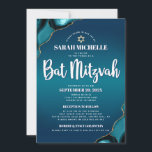 Turquoise Ombre Bat Mitzvah Agate Script 2 Venue Invitation<br><div class="desc">Be proud, rejoice and showcase this milestone of your favourite Bat Mitzvah! Send out this cool, unique, modern, personalised invitation for an event to remember. White script typography and a faux gold Star of David overlay a deep turquoise teal blue ombre background with turquoise blue agate accented with faux gold...</div>