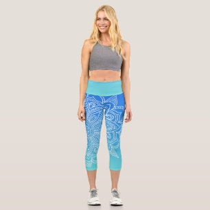 Turquoise Ombre Blue Mandala Yoga Capri Leggings