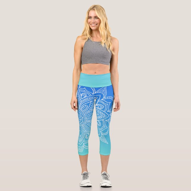 Turquoise Ombre Blue Mandala Yoga Capri Leggings (Front)