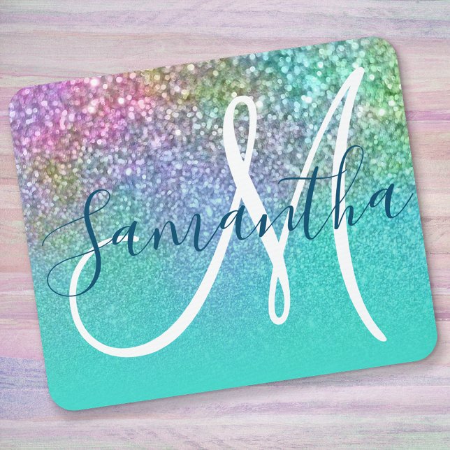 Turquoise Ombre Colourful Mermaid Glitter Monogram Mouse Mat (Creator Uploaded)
