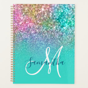 Turquoise Ombre Colourful Mermaid Glitter Monogram Planner