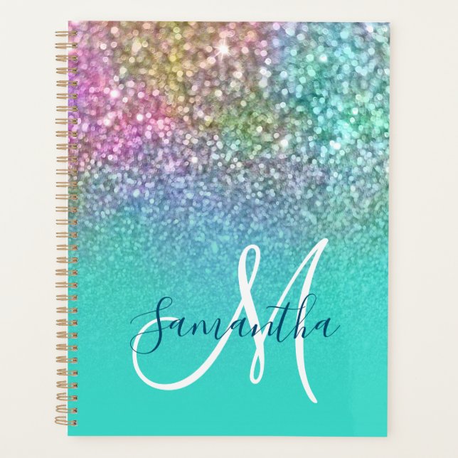 Turquoise Ombre Colourful Mermaid Glitter Monogram Planner (Front)