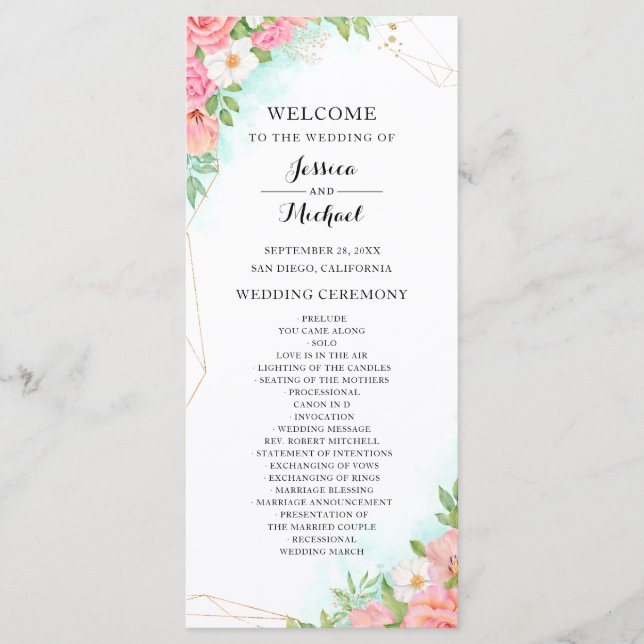 Turquoise Ombre Floral Bouquet Pink Rose Wedding Programme (Front)