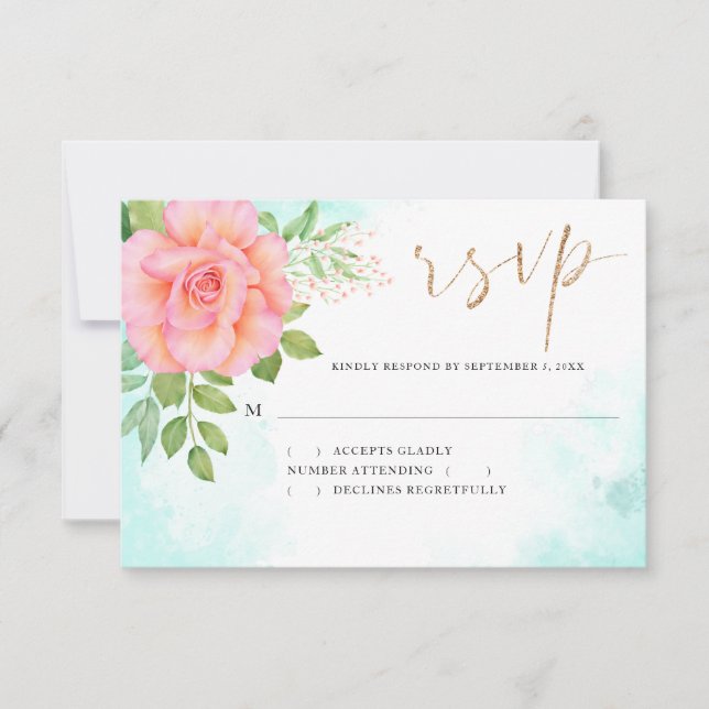 Turquoise Ombre Floral Bouquet Pink Rose Wedding RSVP Card (Front)
