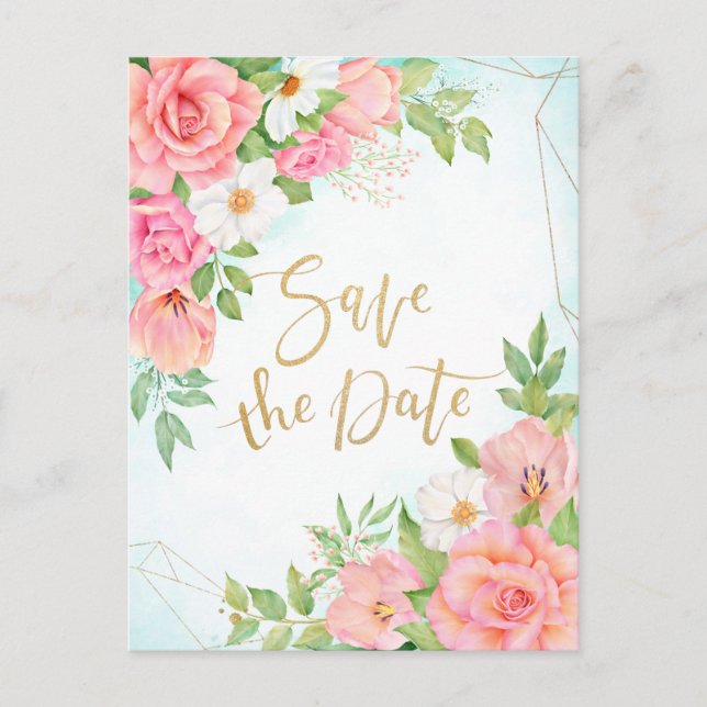 Turquoise Ombre Floral Bouquet Roses Save The Date Invitation Postcard (Front)