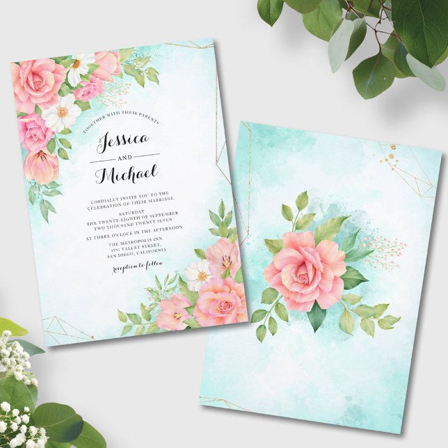 Turquoise Ombre Floral Watercolor Rose Wedding Invitation (Creator Uploaded)