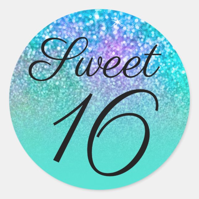 Turquoise Ombre Mermaid Glitter Sweet Sixteen Classic Round Sticker (Front)