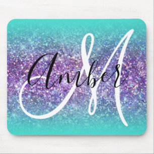 Turquoise Ombre Purple Glam Glitter Monogram Mouse Mat