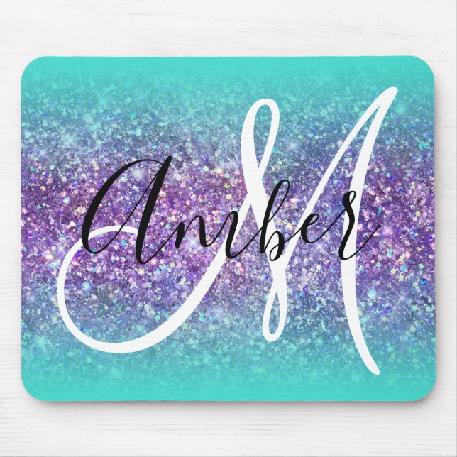 Turquoise Ombre Purple Glam Glitter Monogram Mouse Mat (Front)