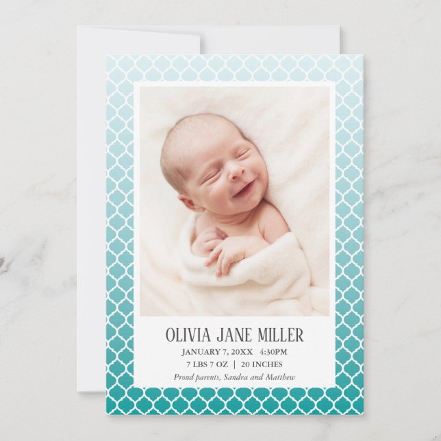 Turquoise Ombre Quatrefoil Baby Birth Announcement (Front)