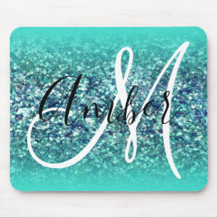 Turquoise Ombre Teal Blue Glam Glitter Monogram Mouse Mat