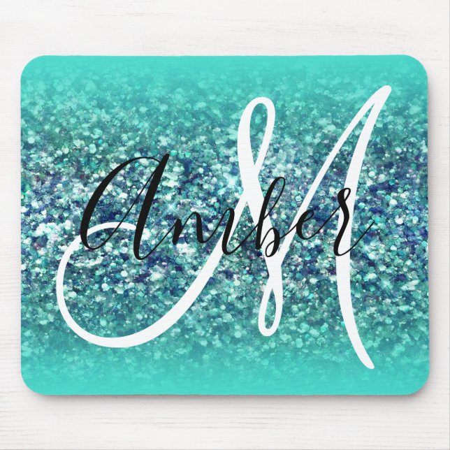 Turquoise Ombre Teal Blue Glam Glitter Monogram Mouse Mat (Front)