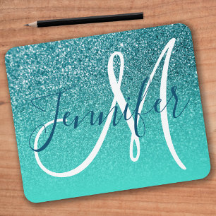 Turquoise Ombre Teal Faux Glitter Monogram Mouse Mat