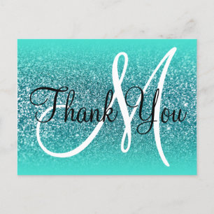 Turquoise  Ombre Teal Glitter Monogram Thank You Postcard