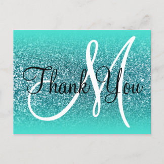 Turquoise Ombre Teal Glitter Monogram Thank You Postcard