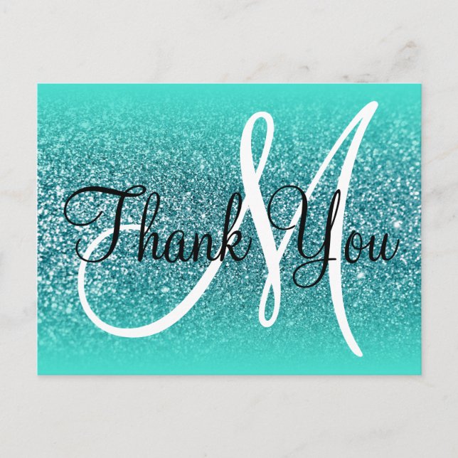 Turquoise  Ombre Teal Glitter Monogram Thank You Postcard (Front)