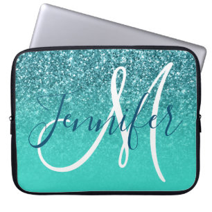 Turquoise Ombre Teal Glitter Personalised Monogram Laptop Sleeve