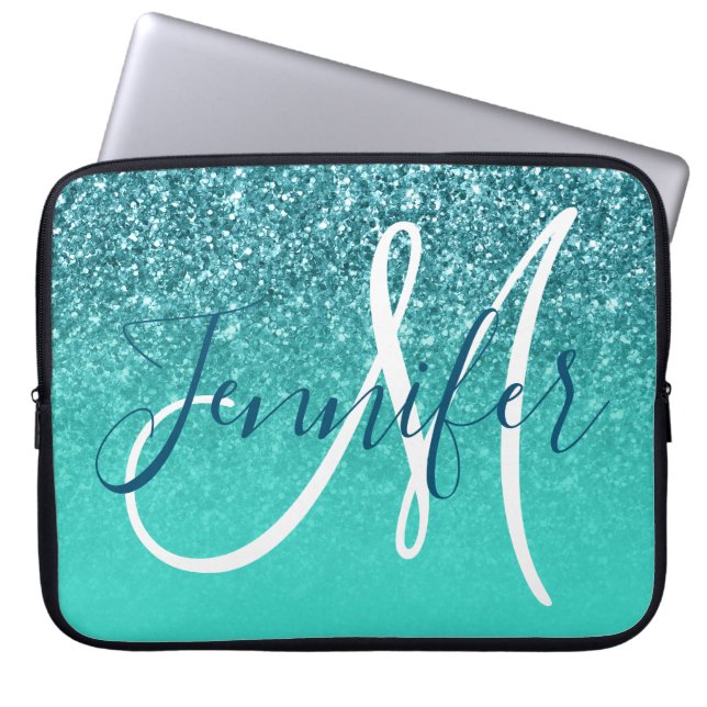 Turquoise Ombre Teal Glitter Personalised Monogram Laptop Sleeve (Front)